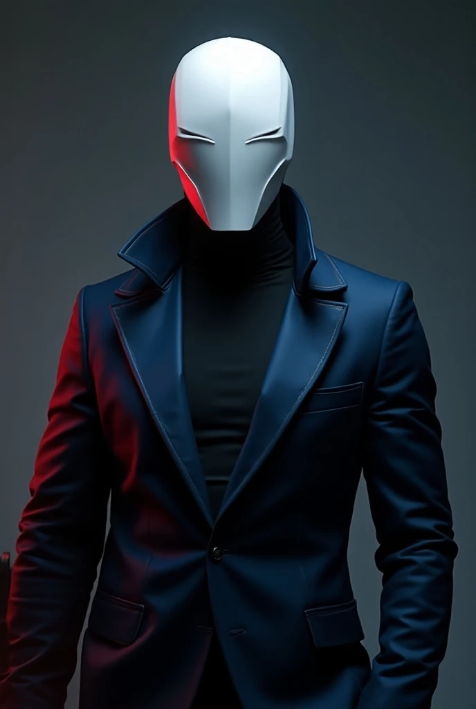 Make a Strategist using a white faceless mask and a stylish outfit with blue, black and red colors for twitch profile  