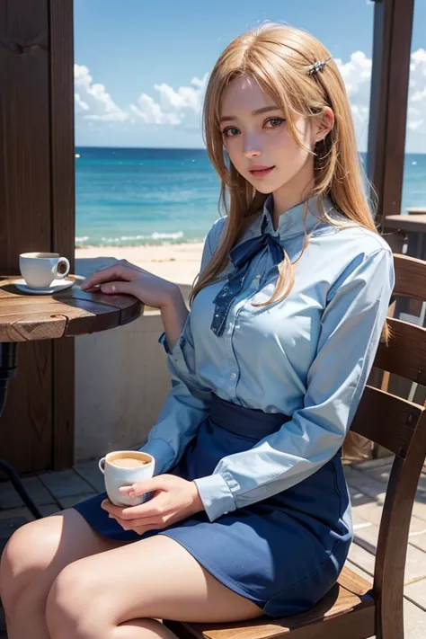 "a sunny cafe on a greek seaside, with a beautiful blue ocean in the background. the characters from different anime are gathere...