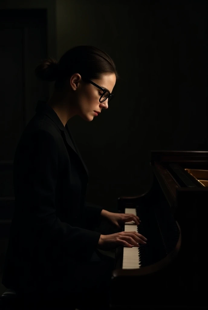 Amanda Peet with glasses playing on piano in the darkness