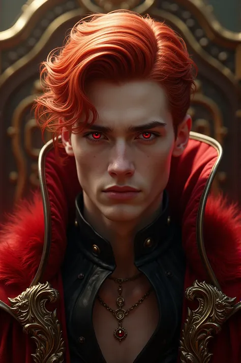 Image of a young mid 20s male king of hearts with red hair and red eyes