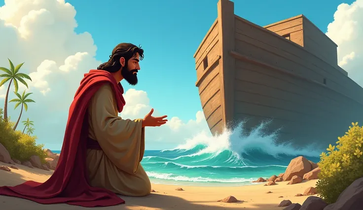 5.	Noah kneeling , , receiving specific instructions on how to build the ark and preparing to obey.. HE CAN SEE THE ARK, A GIANT WOODEN BOAT, READY IN AN IMAGE  .In biblical times 
.Create in Disney style , Pixar e Cartoon