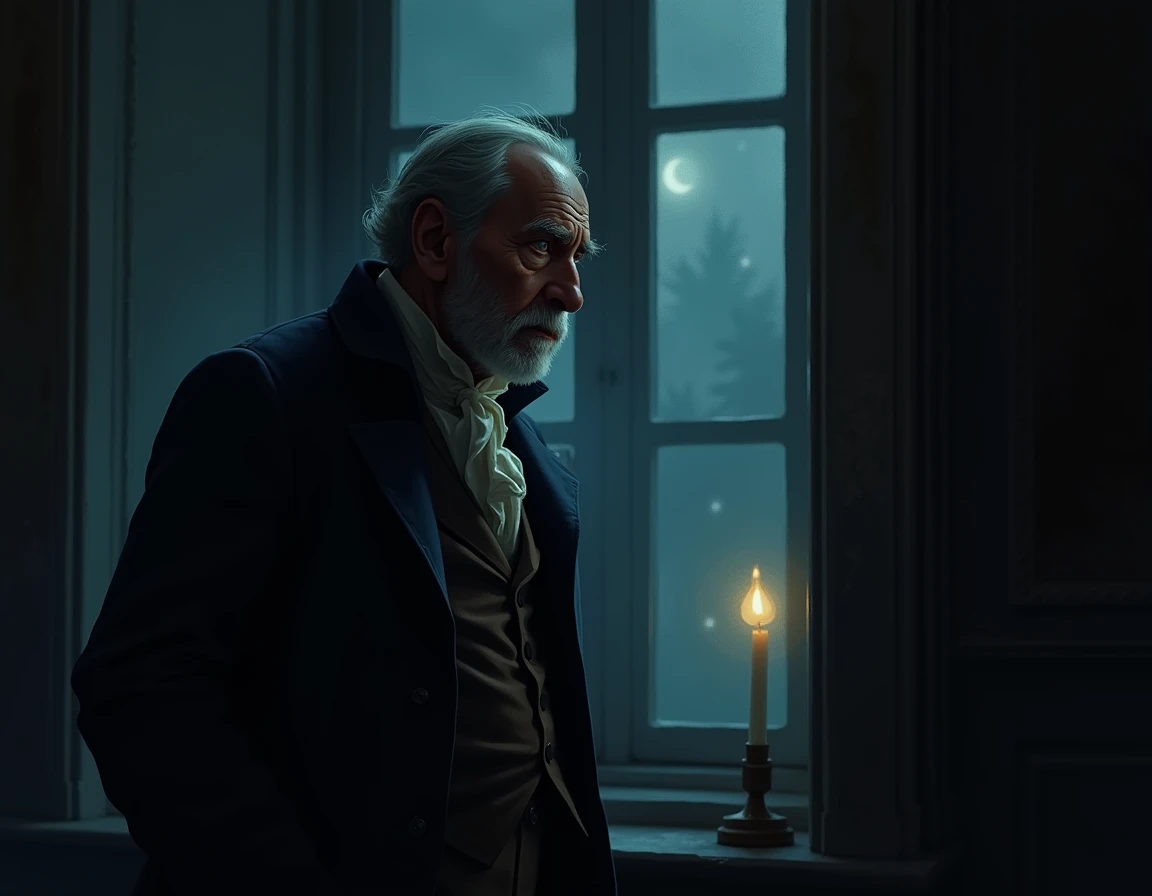 An old man in 19th-century attire standing by a large, dimly lit window, gazing out into the night with a worried expression, shadows casting across his face, giving a sense of foreboding.