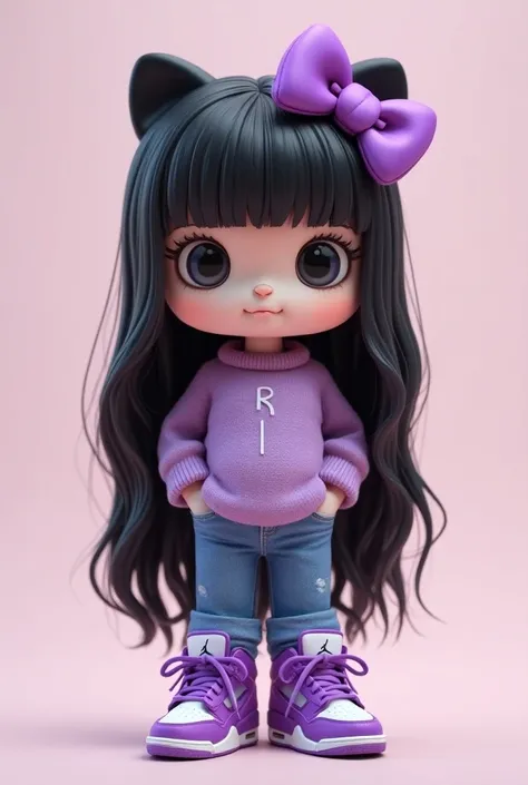 A Hello Kitty with long hair that reaches her elbows, black and straight and a purple ribbon with jeans and a stretch sweater with a retro Jordan 4 purple that looks even more like Hello Kitty