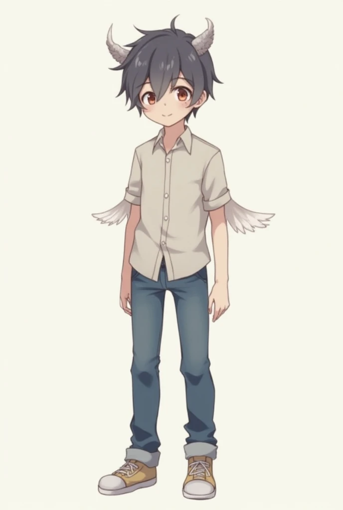 Anime boy half demon half angel in common clothes