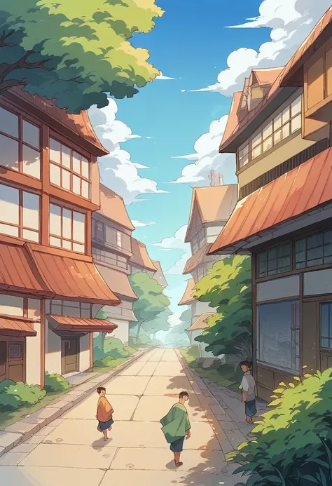 Anime style, busy streets of Konoha, the Hidden Leaf Village, with vibrant activity. The streets are filled with people, including ninjas in traditional attire, ren playing, and merchants selling goods from stalls. The architecture features traditional Jap...