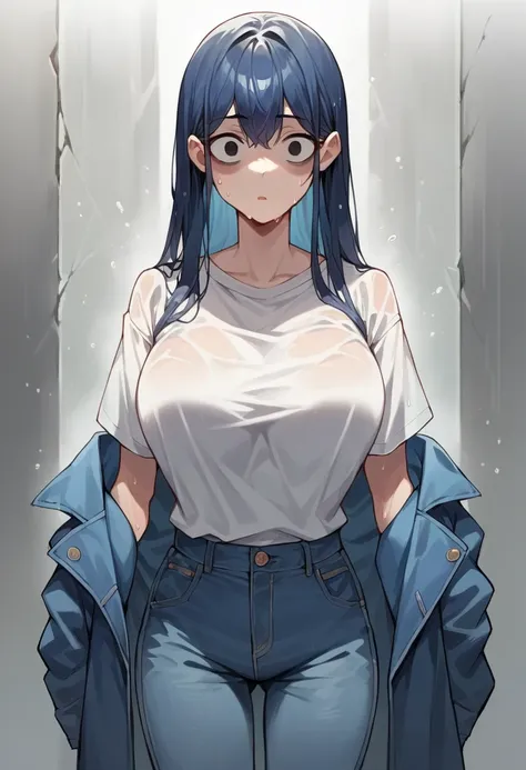 score_9, score_8_up, score_7_up, source_anime, best quality, clear face,girl, dark blue hair, black eyes, long hair, large breasts, perfect body, standing, looking at viewer, cool,shocked, wearing white shirt,blue jacket,jeans pants, indoor,wet white stran...