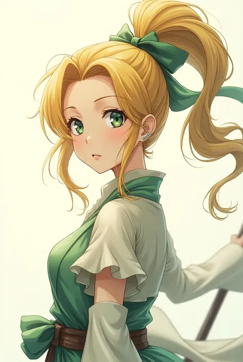 Anime girl with flowing blonde hair tied in a high ponytail with a green ribbon, expressive green eyes, soft facial features, slightly parted lips, looking slightly to the right, detailed line art, colored pencils, manga style, warrior 