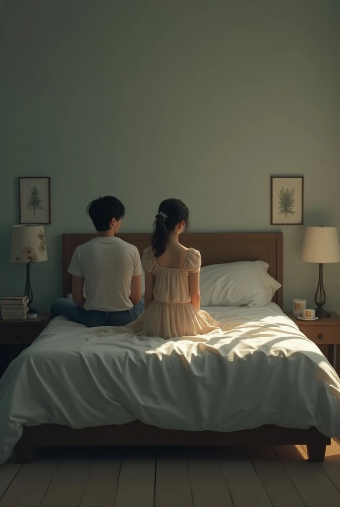 the girl is sitting in the middle of the bed and the guy is sitting on the edge of the bed, both are looking straight ahead