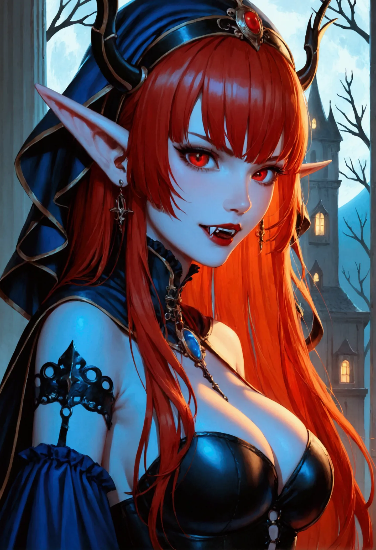 score_9, score_8_up, score_7, anime comic illustration fantasy art, gothic art, full body portrait of a vampire, elf, ultra femi...