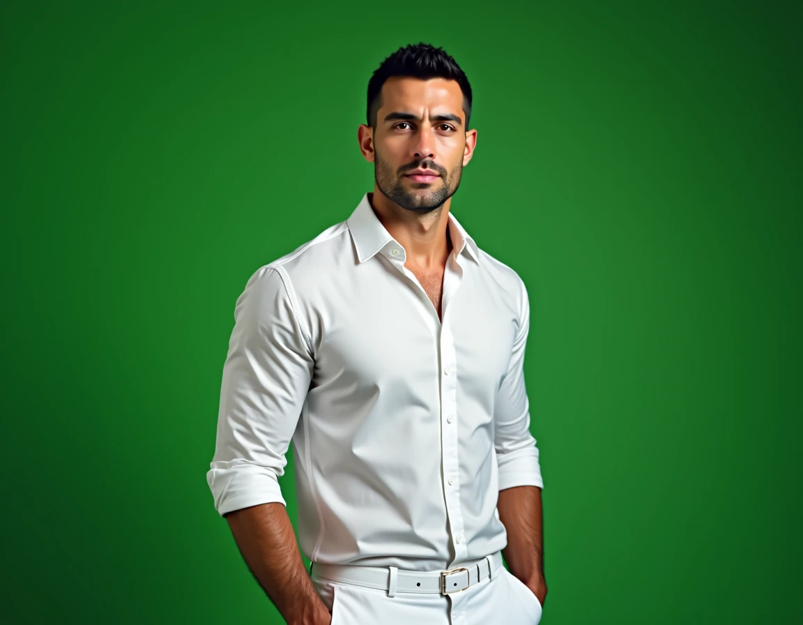  a white man, 32 years old,pleasant features, Cara drunken,  black hair , Without Beard, complexion, athletics ,180 cm height , serious guy,  white shirt, white pants, green background.