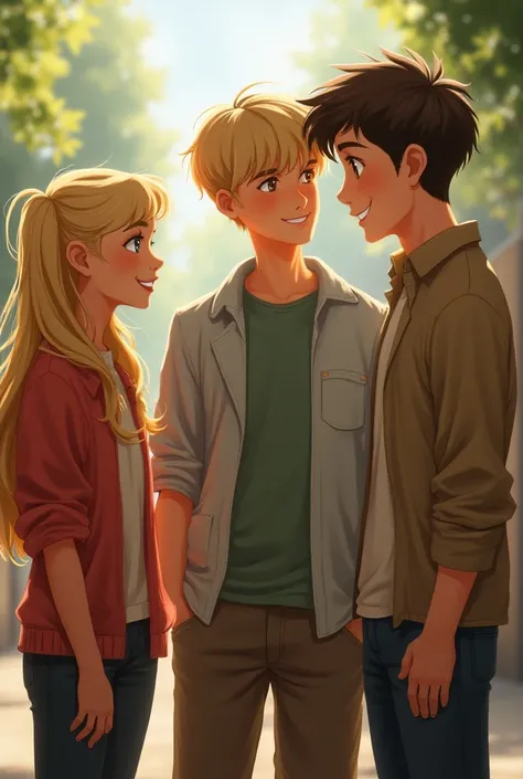  2 boys and 1 girl .  They seem to be friends .
They are 20 years old .
 The girl has long blond hair and white skin.
One of the boys is tall with blond hair pulled back and is blind..
 The other one is tall with medium length brown hair, a very nice smile...