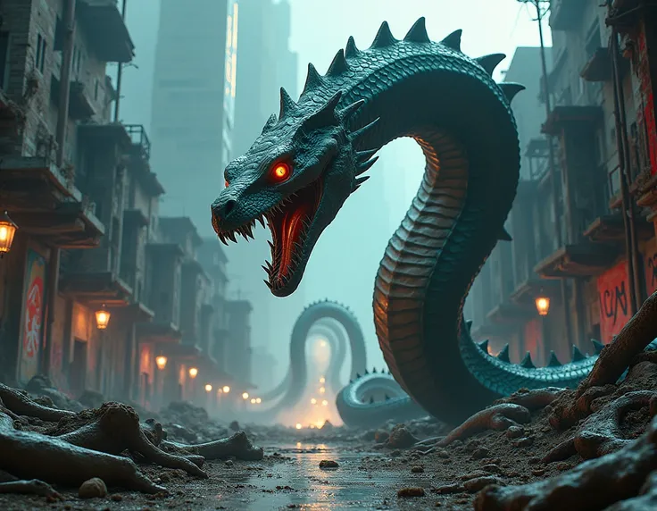 Uma Grande serpente mutante, saindo de dentro de um esqueletono chão, na frente de um portal místico. de fundo uma cidade futurista em ruinas. coloque algumas pessoas nesta cena intricate details, HDR, beautifully shot, hyperrealistic, sharp focus, 64 mega...