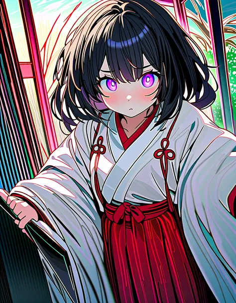 (8K, best quality, master piece: 1.2),super high resolution,best quality,1girl,miko,16yo,solo,ultra-detailed face,detailed eyes,Colorful glowing eyes,chihaya,red hakama,^^^,black hair with natural highlights,hair tied back with a paper ribbon,holding a kag...