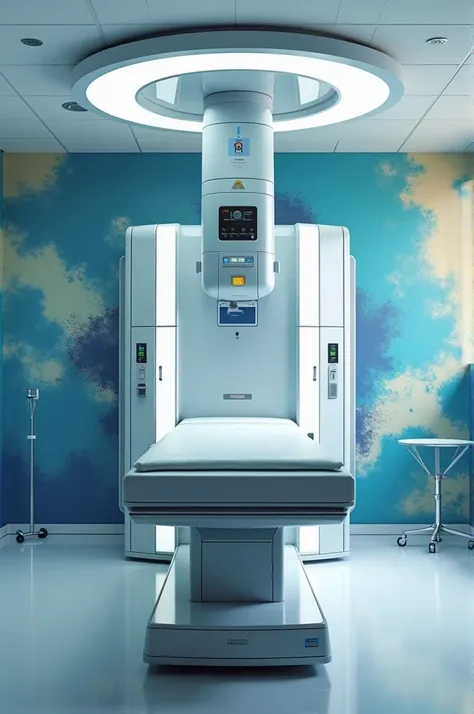 Top image of a conventional x-ray machine with table with Bucky visible and Bucky mural