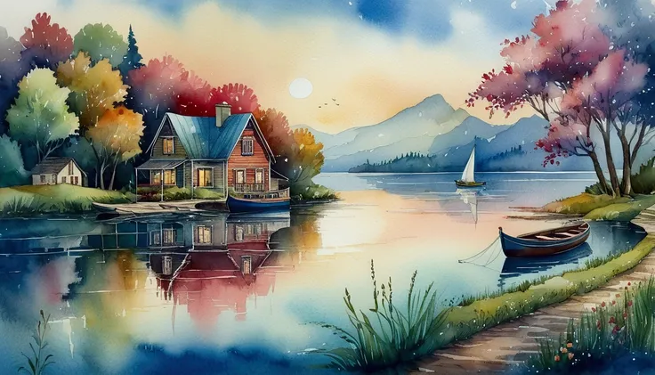 painting of a boat and a house on a lake with a boat in the water, beautiful art uhd 4 k, waterpaint art, peaceful scene, serene scene, in a serene landscape, water colour, watercolor landscape, aquarelle, watercolor colored painting, aquarelle painting, p...