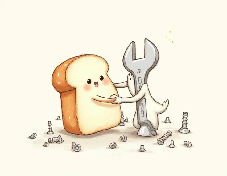 Illustrate a charming scene of a bread loaf and a wrench embracing hands, amidst scattered screws, in a delicate pencil sketch style.