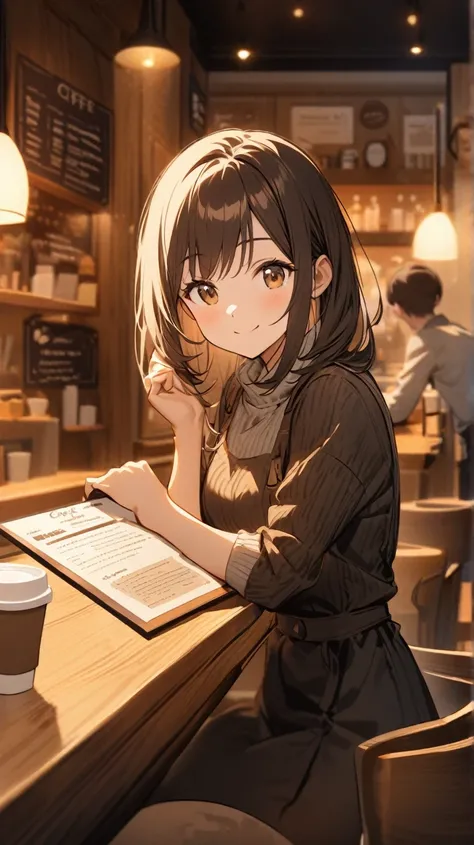 A confident character sits across from a friend in a cozy coffee shop, leaning forward slightly as they present two choices with a friendly smile. One hand gestures toward a menu with two items, one of which is subtly highlighted or more appealing. The bac...