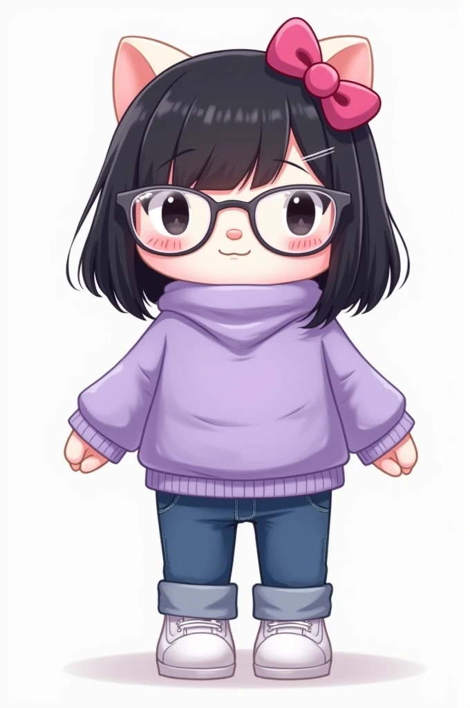  A hello kitty with straight black hair with clear lenses, wearing a sueta light purple color ,  jeans and white sneakers 