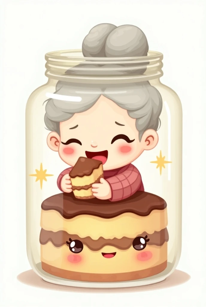  I need to make a logo , I had the idea of making a grandmother biting a piece of cake in the jar,  with a little face that is very tasty the cake , The cartoon may be in the style of Chibi 