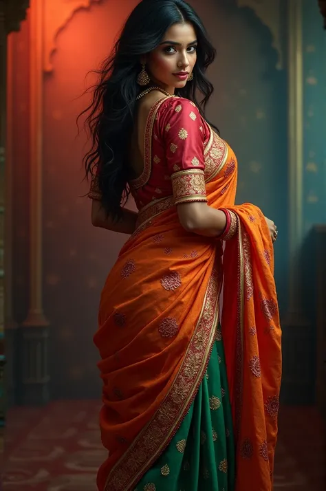 Indian hot women in saree blouse petticoat standing 
