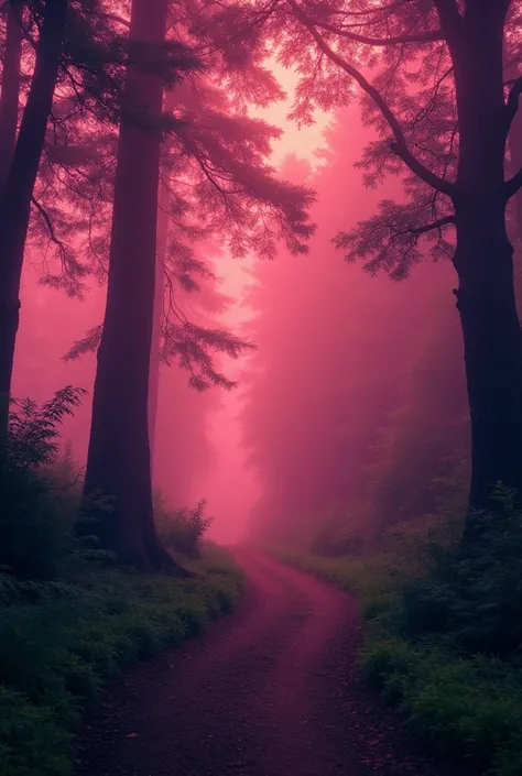 a path
in a forest with a red-purple fog
real photo