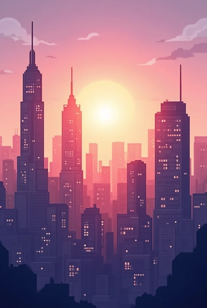 Create a digital animated artwork depicting a city skyline at dusk, showcasing pixelated buildings with soft, glowing lights reflecting the sunset. The scene should convey a sense of calmness and beauty, emphasizing the contrast between the skyscrapers and...