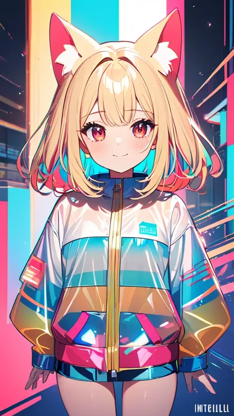 masterpiece, best quality,Ultra Wide Angle,, 1 girl,Golden Hair,Red eyes,Cat ears,hand, Cute Anime Face ,tears,masterpiece,Clear Colored PVC Outfit ,Transparent vinyl clothing,whole body,Glitch Lamp}On the face,smile, medium hair, Film Grain ,lens_Flare, c...