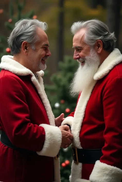  Skinny 40-year-old man of medium height gray hair with a short gray beard ,  Youre standing up and Santa Claus is right next to you shaking your hand  