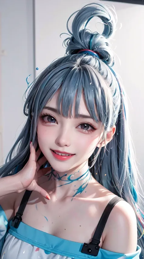   best quality, masterpiece,   High Res , (masterpiece,   best quality,   High Res ),   anime style,   white background  ,  Acrylic paint , ((Splash of Color, Ink splash, Splash of Color)),   sweet Chinese girl , Long Gray blue  hair, [Gray blue | Green ] ...