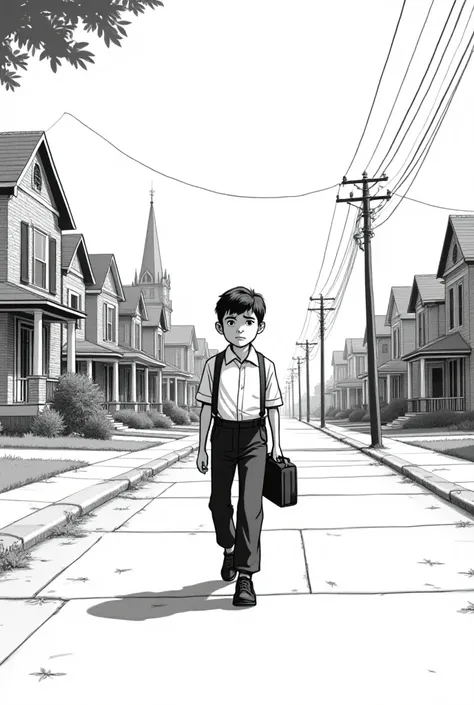 Boy returning from school in 1950 in black and white comic format