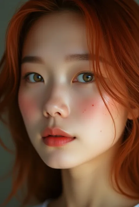 A realistic woman, Chinese, with a greenish eye tone and reddish hair, freckles on the face, approximately 30 years