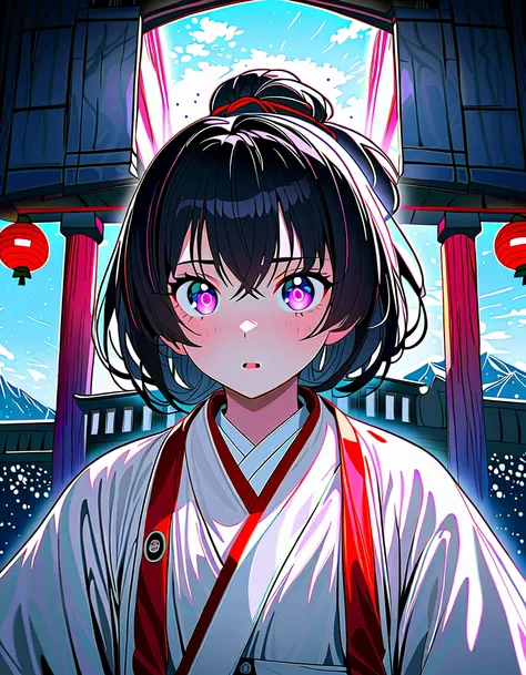 (8K, best quality, master piece: 1.2),super high resolution,best quality,1girl,miko,(holding a kagura suzu:1.3),16yo,solo,ultra-detailed face,detailed eyes,Colorful glowing eyes,chihaya,red hakama,^^^,crossed bangs,black hair with natural highlights,hair t...