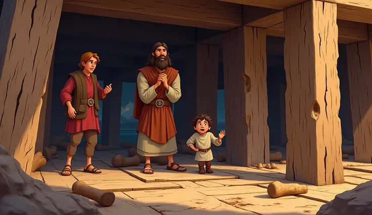 3.	Ark structure under construction ,  with sturdy wood and layers of bitumen being applied.In biblical times Noah and his sons 
.Create in CLOSE UP Disney style , Pixar e Cartoon