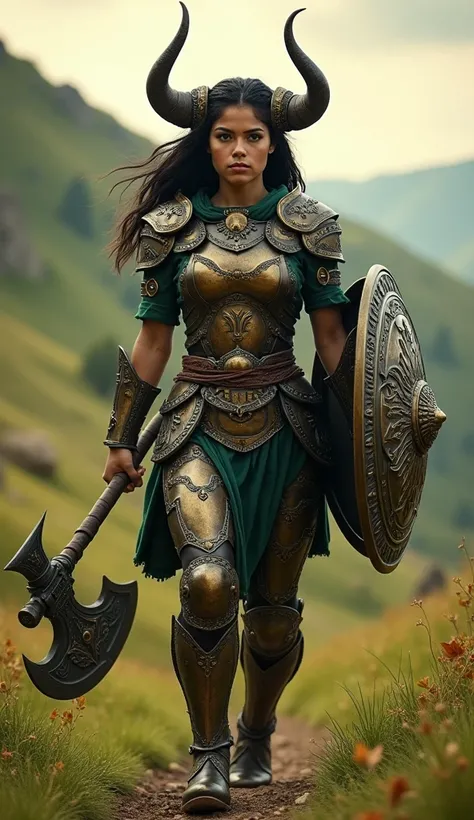 "A full-body portrait of a formidable Taurus warrior woman, captured mid-stride as she confidently walks into battle, embodying the power and steadfastness of the Taurus zodiac. Her physique is strong and grounded, reflecting resilience and unwavering dete...