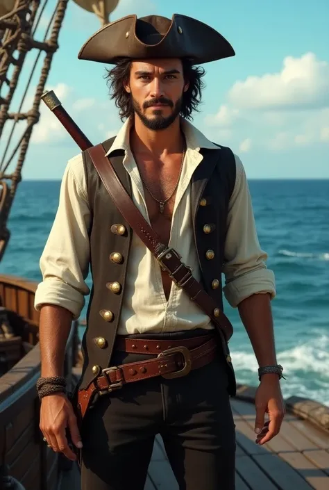 Thirty year old man, young, handsome, middle lenght brown hair, short beard, cunning smile, wearing pirate clothes