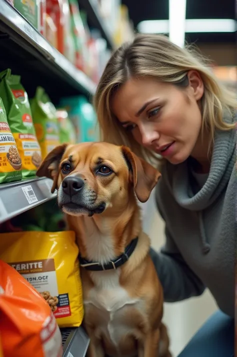 Close-up of a dog with digestive problems or food allergies .  Concerned owner looking at commercial food labels in a store.