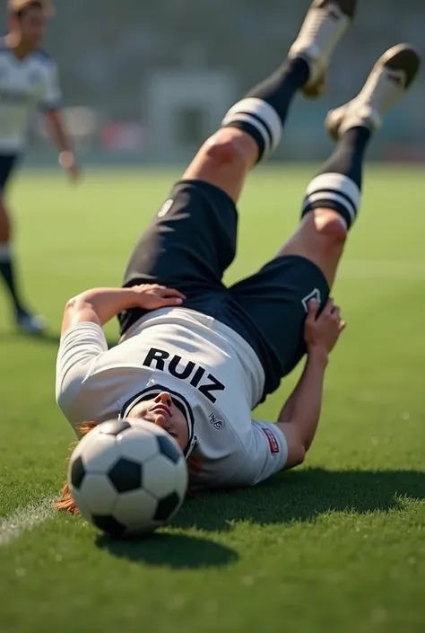 Make a man with MONO-haired and TALL height playing soccer on his back so that the players shirt has the name "Ruiz"  and the number on the shirt is 00 .