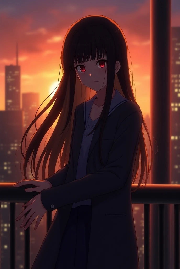 1girl anime, back light, sunset, long hair, black hair, look at camera, half body, city, sad face, hand rest on the bar, cry