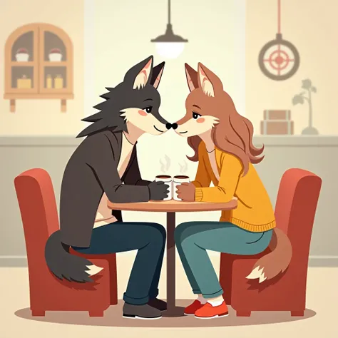 Couple, sitting in a cafe, with coffee mugs in hand, both have a wolf-human like body, full body pose, cozy, in love, in digital art cartoon anime style, flat colors only.