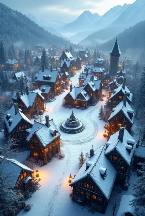  In a wide and detailed aerial view ,  the medieval snowy village extends over a large area ,  looking almost like a small town surrounded by forests and mountains .  Snow-covered roofs dominate the landscape ,  forming a tangle of stone and wood buildings...