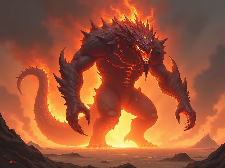 anime style highly detailed painting. monster made of magma with parts of its body made of rocks in the middle of a storm of flames in the desert. colorized and high quality