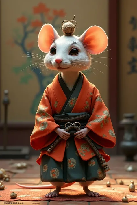 Samurai rat with sprite body soda big hair with thin mustache and kimono 