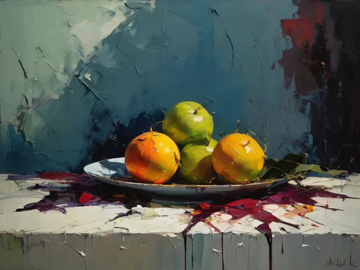 Realistic, Cinematic footage, Reference photography, high quality, Seasonal fruit detail, Photorealism, Volumetric lighting, still life image inspired by the style of Jean-Paul Riopelle, emphasizing abstract expressionism. The composition provokes with the...