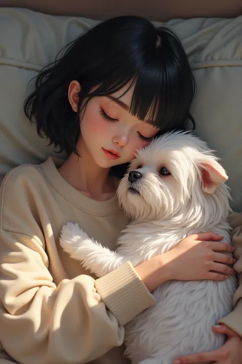 I want you to make the image of a girl with short black hair sleeping with her white shitzu dog