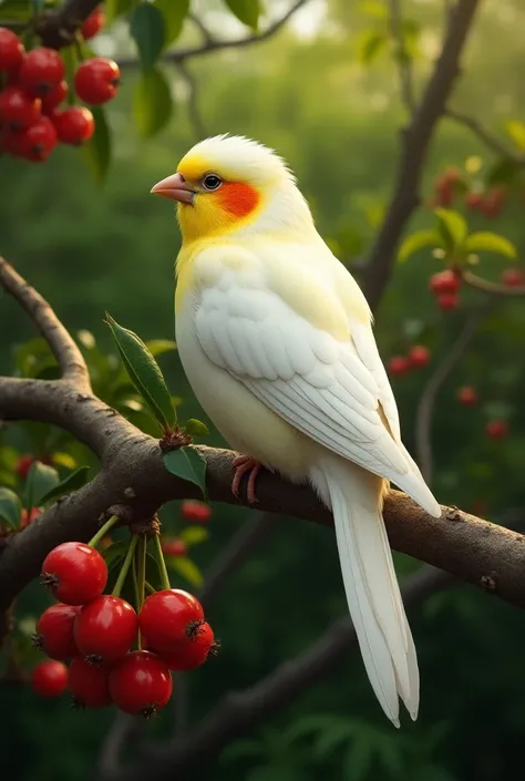  create the image of a Belgian canary with some details in yellow , most of its body being white ,  it will be on top of a Pitangueira tree with very red fruits.