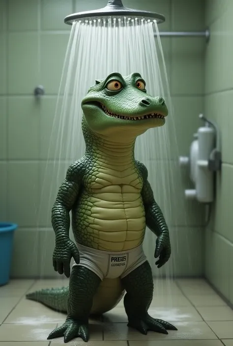 Realistic animated crocodile in wet branded underwear takes a shower body completely wet 