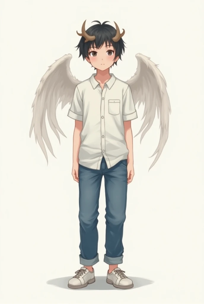 Anime boy half demon half angel in common clothes