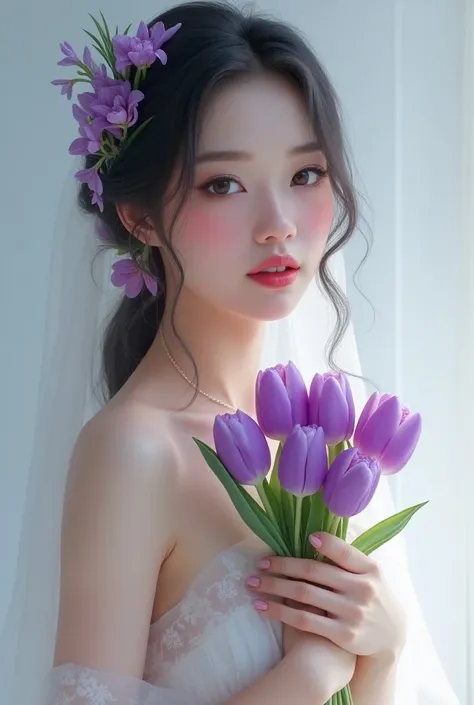 Virgin Fonceca,  brown eyes,  eyelashes Foxy eyes , full lips with gloss,  long dark gray hair with violet highlights,  wearing white underwear , a white veil, in her hands a bouquet of purple tulips  