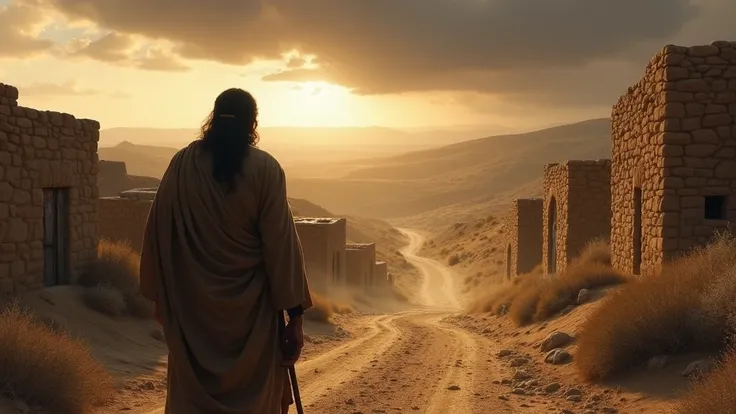 An ancient biblical scene set in the times of Judges, chapters 19 to 21: a weary Levite walks through the dusty roads toward the city of Gibeah, seeking his concubine. The atmosphere is tense and somber, with simple stone houses and rugged landscapes under...