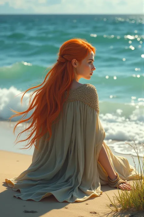  Viking girl with smooth orange hair is sitting on the shore of a beach looking at the sea